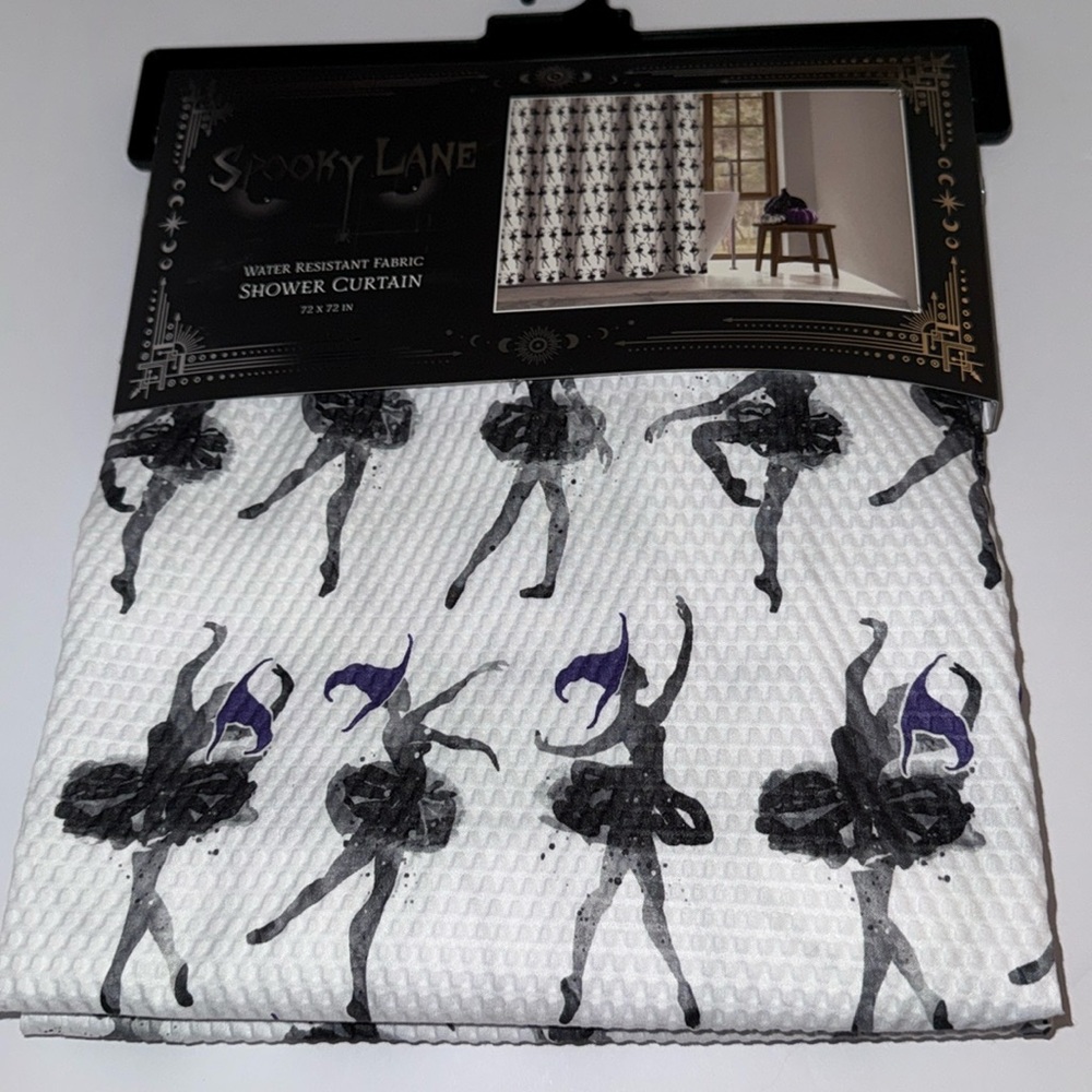 NWT Spooky Lane Halloween Shower Curtain Ballerina Witches White Black Purple